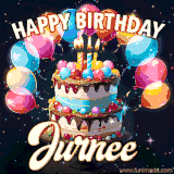 Bright birthday animation for Jurnee with a chocolate cake, candles, balloons, and glowing celebratory lights.