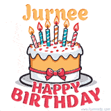 Cartoon birthday cake with a red bow, glowing candles, and 'Jurnee Happy Birthday' text in bold animated style.