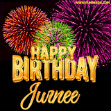 A golden 'Happy Birthday Jurnee' message with vibrant fireworks in the background, creating a festive and celebratory vibe in this animated name GIF.