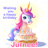 A cute moving unicorn with a birthday cake and candles, featuring 'Wishing you a happy birthday, Jurnee!' in colorful text.