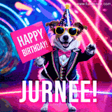 Animated GIF of a cool dog wearing a suit and sunglasses, holding a 'Happy Birthday' sign for Jurnee, set against a bright and colorful neon party background.