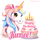 An adorable animated unicorn with soft pastel colors sits beside a birthday cake with glowing candles, and a pink 'Happy Birthday Jurnee!' words.