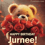 Cinematic style cute animated teddy bear with charming features holding a large bouquet of red roses, the words say 'Happy Birthday Jurnee' in sans serif font.