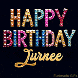 Vibrant luxury birthday greeting card for Jurnee, showing glittering gemstone letters and golden calligraphy on a dark background with twinkling shine effects.