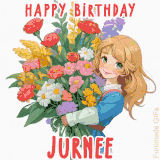 Bright floral birthday animation for Jurnee showing a cute cartoon girl with golden hair and expressive eyes holding a huge bouquet, surrounded by birthday text.