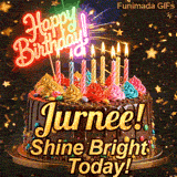 Yellow script spelling the name Jurnee! on a classic chocolate cake under a glowing pink neon Happy Birthday sign.