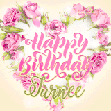 A stunning heart made of pink roses surrounds the elegant script text 'Happy Birthday Jurnee' on a soft beige background. Animated sparkles add a magical and festive feel.