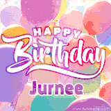 A vibrant name GIF featuring colorful balloons in shades of pink, orange, and yellow with the bold text 'Happy Birthday Jurnee' in festive fonts, creating a lively birthday vibe.