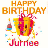 A vibrant and funny gift box character with a happy face dancing with a cupcake and the text 'Happy Birthday Jurnee,' surrounded by animated confetti and party vibes.