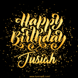 Animated GIF with colorful, festive 'Happy Birthday Jusiah' text decorated with patterns, a party hat, and falling confetti. A vibrant and cheerful design for birthday celebrations.