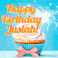 A cheerful animated GIF of a cupcake with creamy frosting, a red checkered ribbon, and a bright sparkler on top. The text 'Happy Birthday Jusiah!' is displayed in vibrant orange and red.