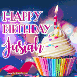 A festive animated GIF featuring a colorful cupcake with a single lit candle, sprinkles, and 'Happy Birthday Jusiah' text against a sparkling, celebratory background.
