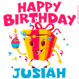 A funny animated birthday GIF with the words 'Happy Birthday Jusiaha', colorful gift box with arms and legs, holding a cupcake with a lit candle  with confetti everywhere.