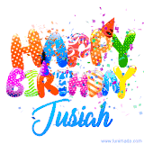 Animated GIF with colorful, festive 'Happy Birthday Jusiah' text decorated with patterns, a party hat, and falling confetti. A vibrant and cheerful design for birthday celebrations.