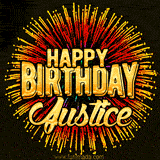 Golden 'Happy Birthday Justice' text accompanied by animated rainbow fireworks for a festive animated greeting.