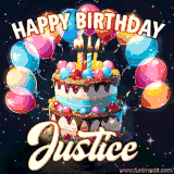 Bright birthday animation for Justice with a chocolate cake, candles, balloons, and glowing celebratory lights.