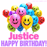 Animated colorful and joyful birthday balloons with cheerful smiles and a bright 'Happy Birthday Justice!' message in pink and purple.