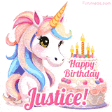 An adorable animated unicorn with soft pastel colors sits beside a birthday cake with glowing candles, and a pink 'Happy Birthday Justice!' words.