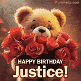 Cinematic style cute animated teddy bear with charming features holding a large bouquet of red roses, the words say 'Happy Birthday Justice' in sans serif font.