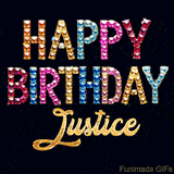 Vibrant luxury birthday greeting card for Justice, showing glittering gemstone letters and golden calligraphy on a dark background with twinkling shine effects.