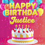 Pink-themed animated greeting with balloons, confetti, and a frosted cake under the message 'Happy Birthday Justice' in bold rounded yellow font.