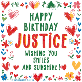 A colorful animated card for Justice’s birthday featuring playful hearts, cheerful flowers, and a handwritten message wishing smiles and sunshine.