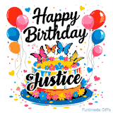 An animated birthday card for Justice. It features a festive cake with her name, 'Justice', and colorful butterflies. Floating balloons and hearts complete the joyful scene.