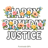 Floral typography animation wishing Happy Birthday to Justice with swaying blooms