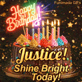 A personalized greeting card for Justice featuring a chocolate cake with colorful toppings on a sparkly starry background.