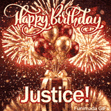Festive digital animation with gold fireworks and balloon bouquets designed for Justices birthday.