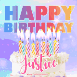 A vibrant animated name GIF with the words 'Happy Birthday Justice' with colorful candles on a creamy cake. The background sparkles with pastel shades, adding a festive touch.