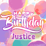 A vibrant name GIF featuring colorful balloons in shades of pink, orange, and yellow with the bold text 'Happy Birthday Justice' in festive fonts, creating a lively birthday vibe.