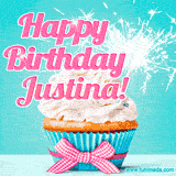 A festive cupcake with pink icing, a gingham bow, and a lit animated sparkler, paired with 'Happy Birthday Justina!' in bright pink text.