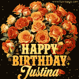 Animated bouquet of orange roses with moving butterfles and golden 'Happy Birthday Justina' text, surrounded by sparkling accents and a dark backdrop for a luxurious feel.