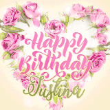 A stunning heart made of pink roses surrounds the elegant script text 'Happy Birthday Justina' on a soft beige background. Animated sparkles add a magical and festive feel.
