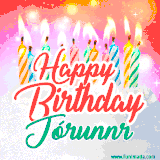 Bright birthday candles with rainbow flames on a cake, alongside the text 'Happy Birthday Jórunnr' in vibrant script in this celebratory animated GIF.