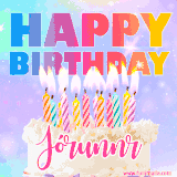 A vibrant animated name GIF with the words 'Happy Birthday Jórunnr' with colorful candles on a creamy cake. The background sparkles with pastel shades, adding a festive touch.
