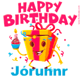 A vibrant and funny gift box character with a happy face dancing with a cupcake and the text 'Happy Birthday Jórunnr,' surrounded by animated confetti and party vibes.