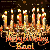 A glowing personalized birthday GIF with name Kaci featuring lit candles with intricate designs, warm lighting, and the text 'Happy Birthday' in an elegant font.