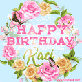 A charming animated GIF featuring 'Happy Birthday Kaci' in pink and green text, surrounded by delicate roses, leaves, and fluttering butterflies on a soft light blue pastel background.