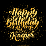 Animated GIF with colorful, festive 'Happy Birthday Kacper' text decorated with patterns, a party hat, and falling confetti. A vibrant and cheerful design for birthday celebrations.