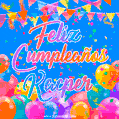 A vibrant animated GIF with 'Feliz Cumpleaños Kacper' written in colorful script, surrounded by balloons, confetti, and bunting on a bright blue background.