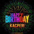 A colorful animated GIF featuring the text 'Happy Birthday Kacper!' in rainbow colors with a dynamic iridescent firework display in the background.