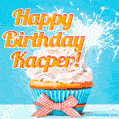 A cheerful animated GIF of a cupcake with creamy frosting, a red checkered ribbon, and a bright sparkler on top. The text 'Happy Birthday Kacper!' is displayed in vibrant orange and red.