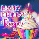 A festive animated GIF featuring a colorful cupcake with a single lit candle, sprinkles, and 'Happy Birthday Kacper' text against a sparkling, celebratory background.
