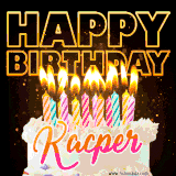 A vibrant animated GIF featuring a delicious birthday cake topped with glowing candles and the name 'Kacper' in elegant script, and the words 'Happy Birthday' on the black background.