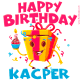 A funny animated birthday GIF with the words 'Happy Birthday Kacpera', colorful gift box with arms and legs, holding a cupcake with a lit candle  with confetti everywhere.