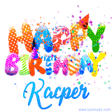 Animated GIF with colorful, festive 'Happy Birthday Kacper' text decorated with patterns, a party hat, and falling confetti. A vibrant and cheerful design for birthday celebrations.