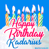 A cheerful animated GIF featuring colorful lit birthday candles on a white cake, with the text 'Happy Birthday Kadarius' in bold red and blue script on a bright blue background.