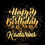 Animated GIF with colorful, festive 'Happy Birthday Kadarius' text decorated with patterns, a party hat, and falling confetti. A vibrant and cheerful design for birthday celebrations.